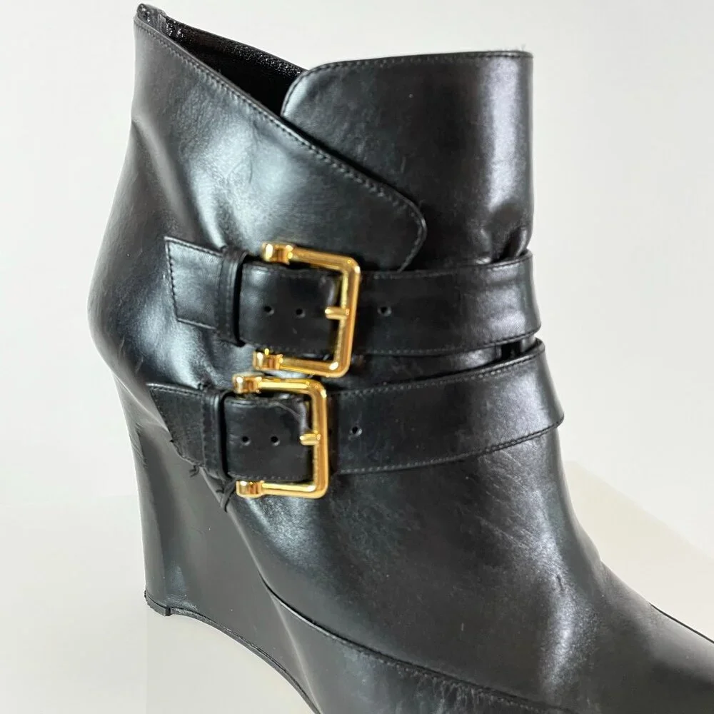 Minimalist | Derek Lam Black Leather Ankle Boot Wedge | Pointy Toe | Gold Buckle